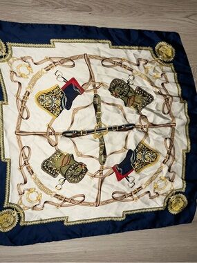 Equestrian Print Square Scarf Navy Cream Gold  Horse Bridle Saddle